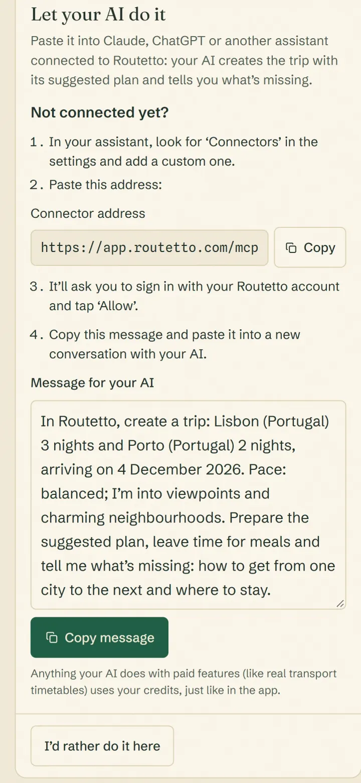The ‘Let your AI do it’ screen with the connector address and a message to paste into your AI: Lisbon for 3 nights and Porto for 2