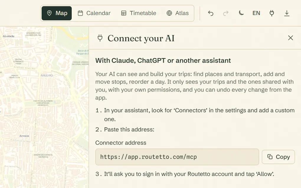 Routetto’s connect-your-AI screen, with the address to copy and the connected apps