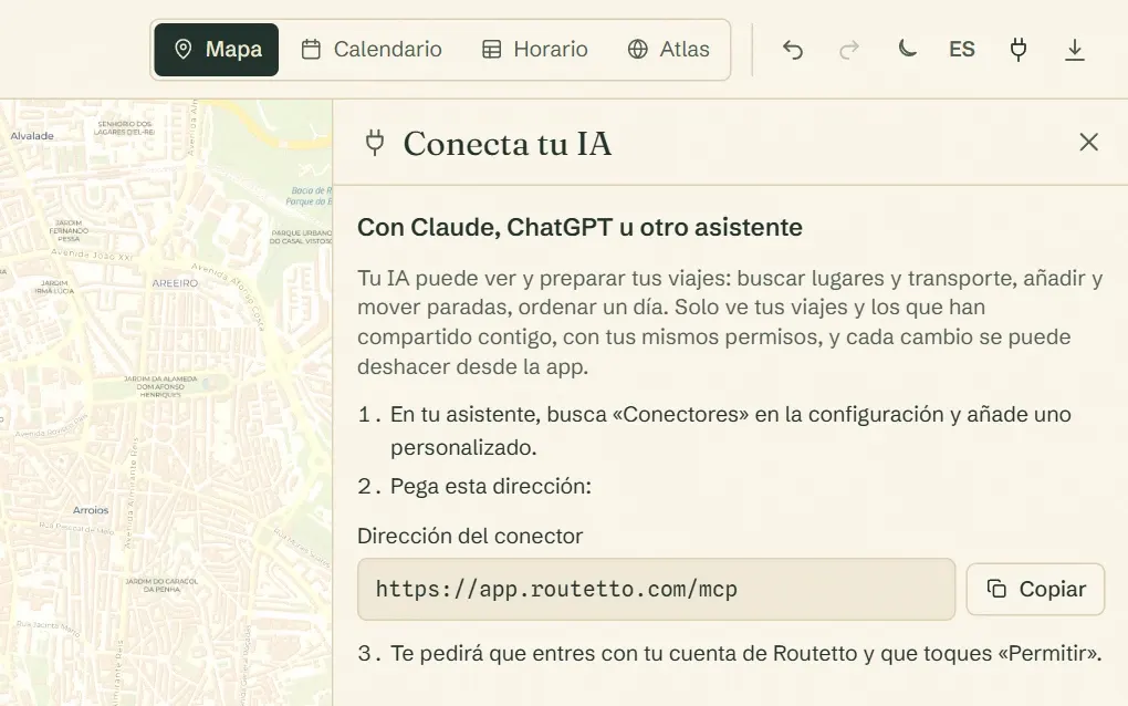 La pantalla de Routetto para conectar tu IA, con la dirección para copiar y las apps conectadas