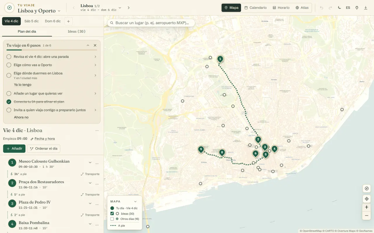 Lisboa y Oporto en Routetto con el plan sugerido: el primer día en Lisboa con sus paradas y horas, y el mapa