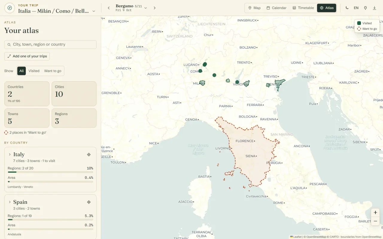 The Atlas with visited places filled in and places to visit outlined in dashes