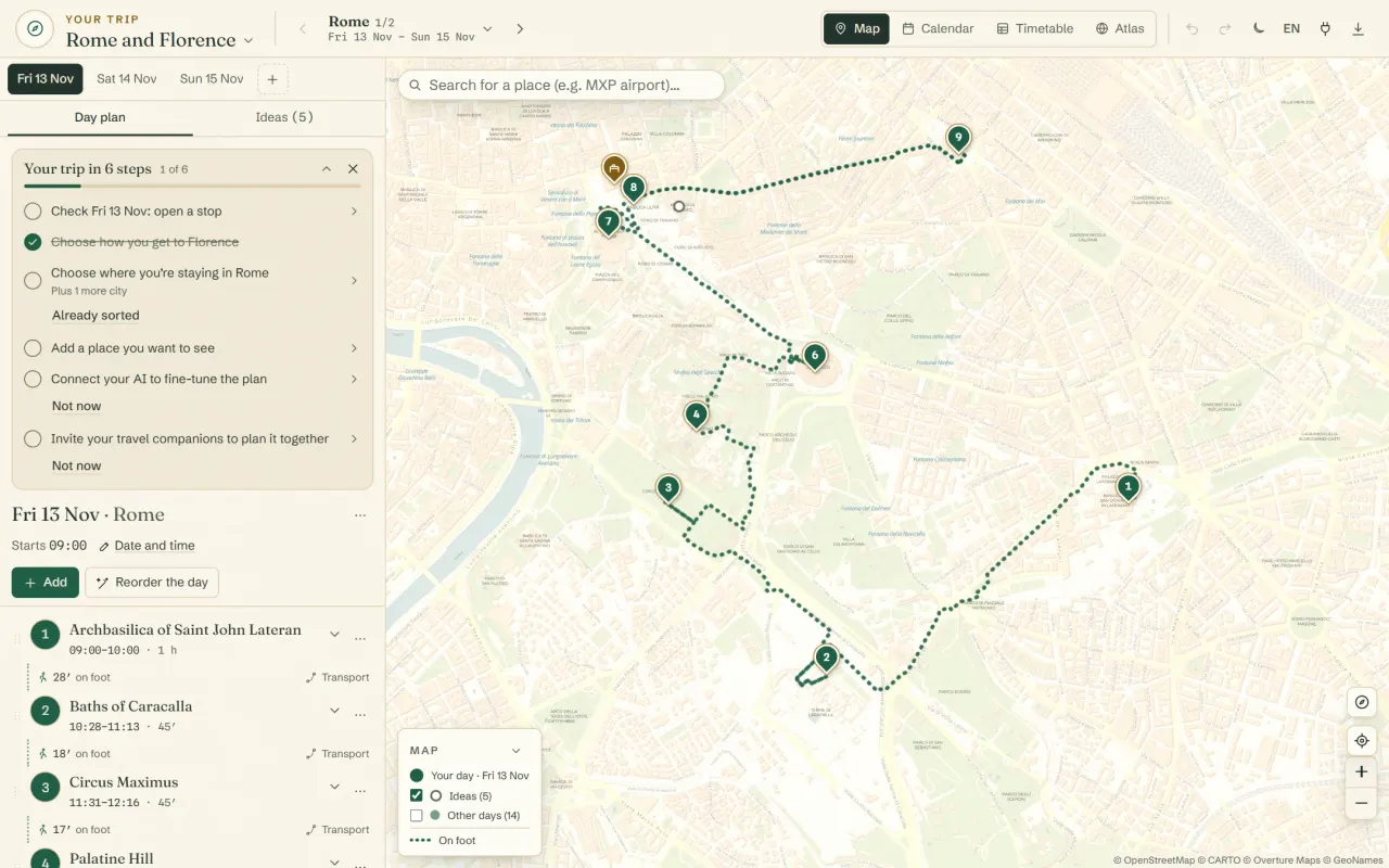 A copy of the Rome and Florence example trip: day one in Rome with its stops and times, the trip’s list of steps and the walking route through the streets on the map