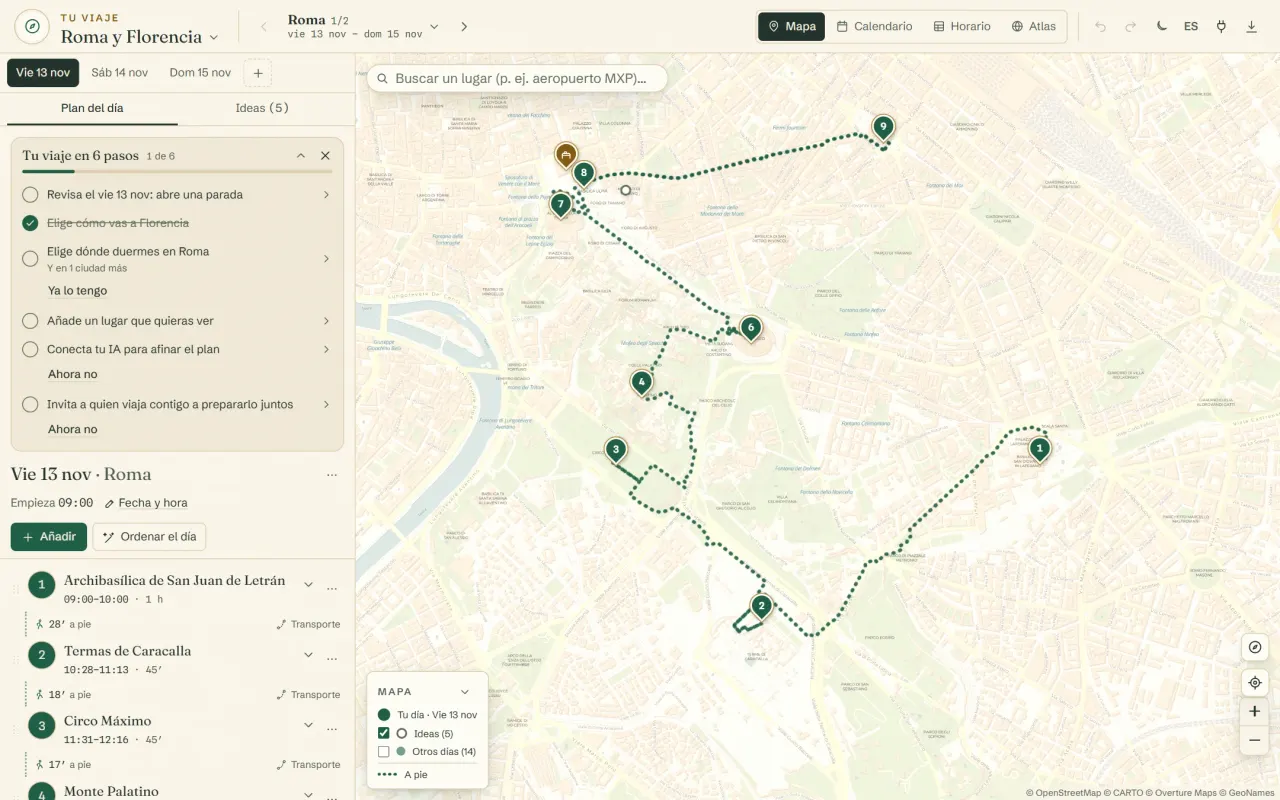 La copia del viaje de ejemplo Roma y Florencia: el primer día en Roma con sus paradas y horas, la lista de pasos del viaje y la ruta a pie por las calles en el mapa