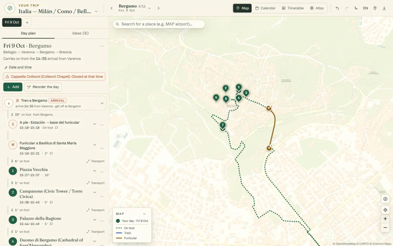 The app showing an afternoon in Bergamo: the list of stops with their times and the map with the walking route through the upper town