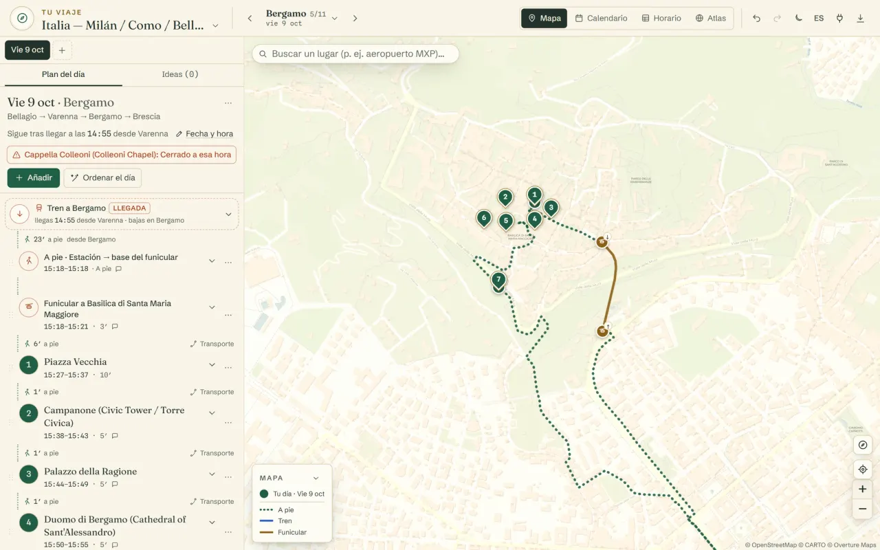 La app con la tarde de un día en Bérgamo: la lista de paradas con su hora y el mapa con la ruta a pie por la ciudad alta