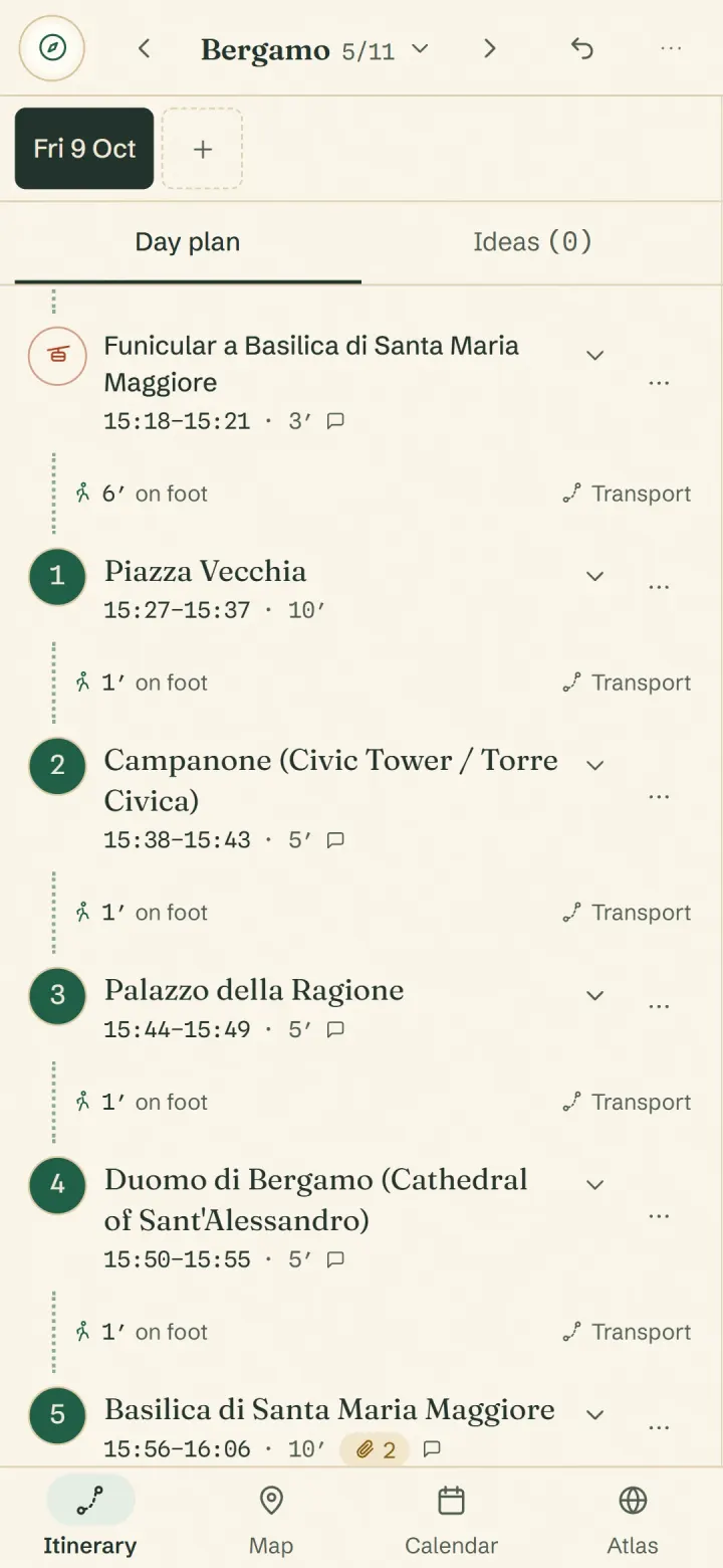 A day in progress on a phone, stop by stop with its times