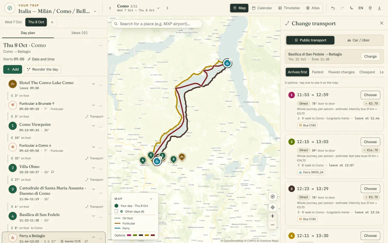 Bus and ferry options from Como to Bellagio with times, changes and estimated fares, drawn on the map