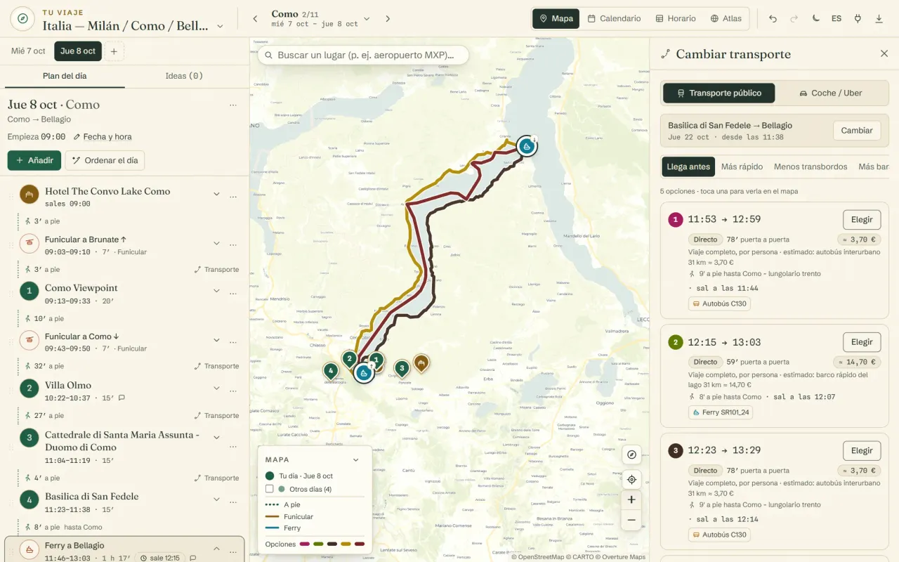 Opciones de autobús y ferri de Como a Bellagio con horario, transbordos y precio estimado, dibujadas en el mapa