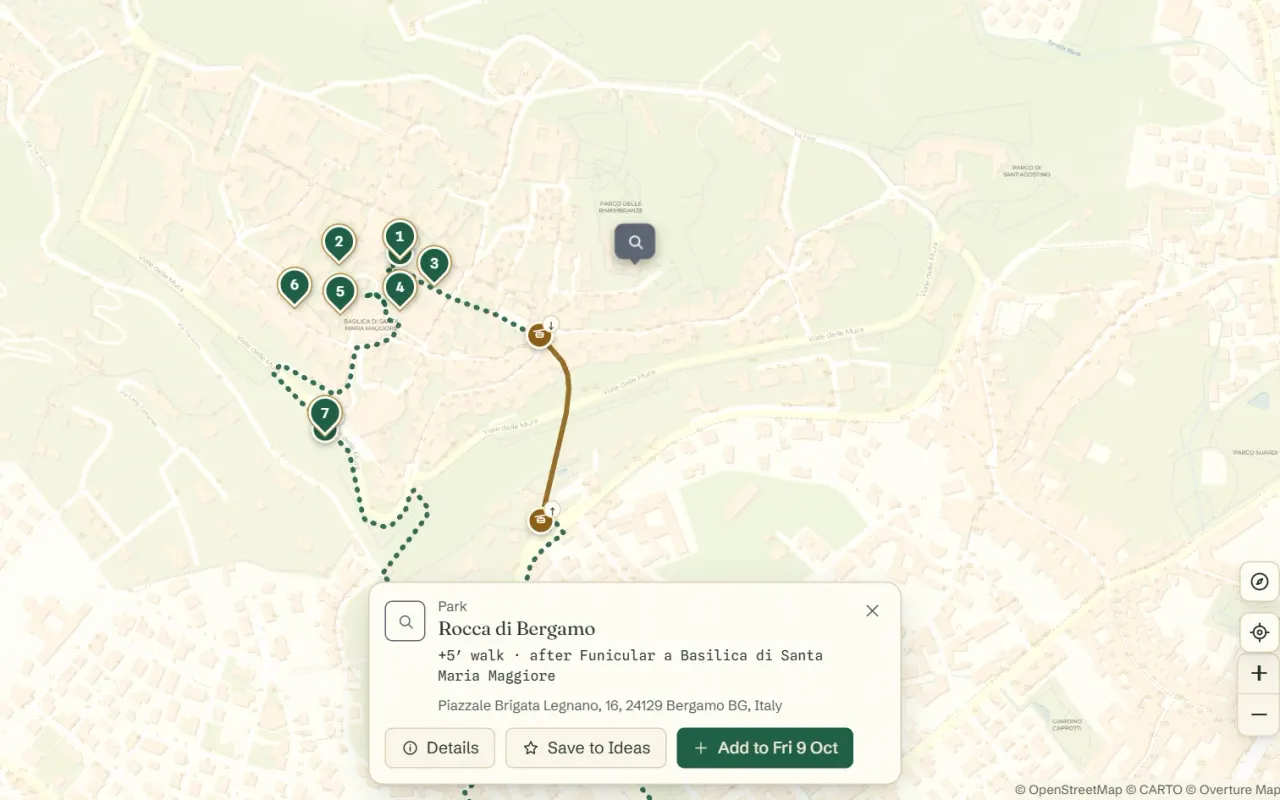Walking route through Bergamo’s upper town and a new place showing the minutes it adds to the day
