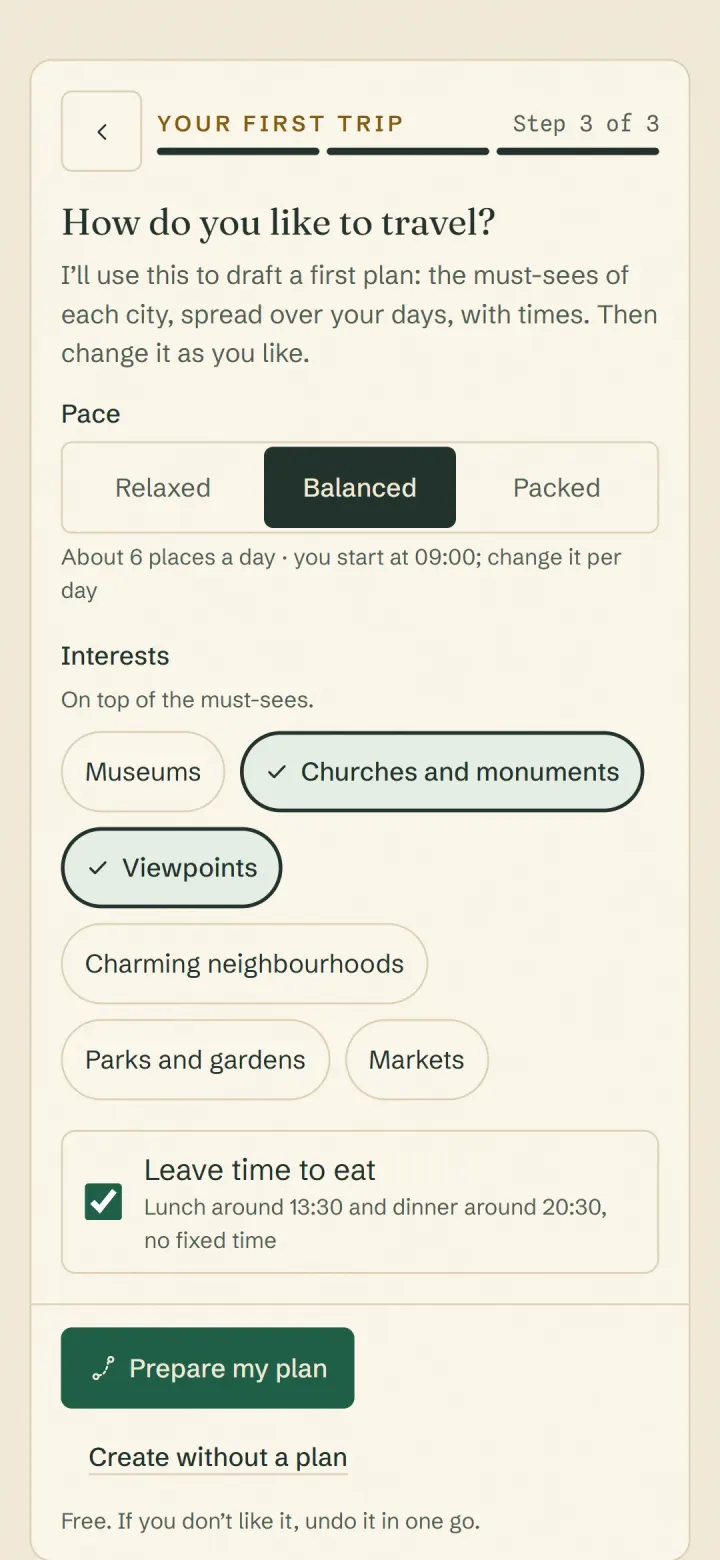 The third step of a new trip: a balanced pace, monuments and viewpoints, and time left for meals