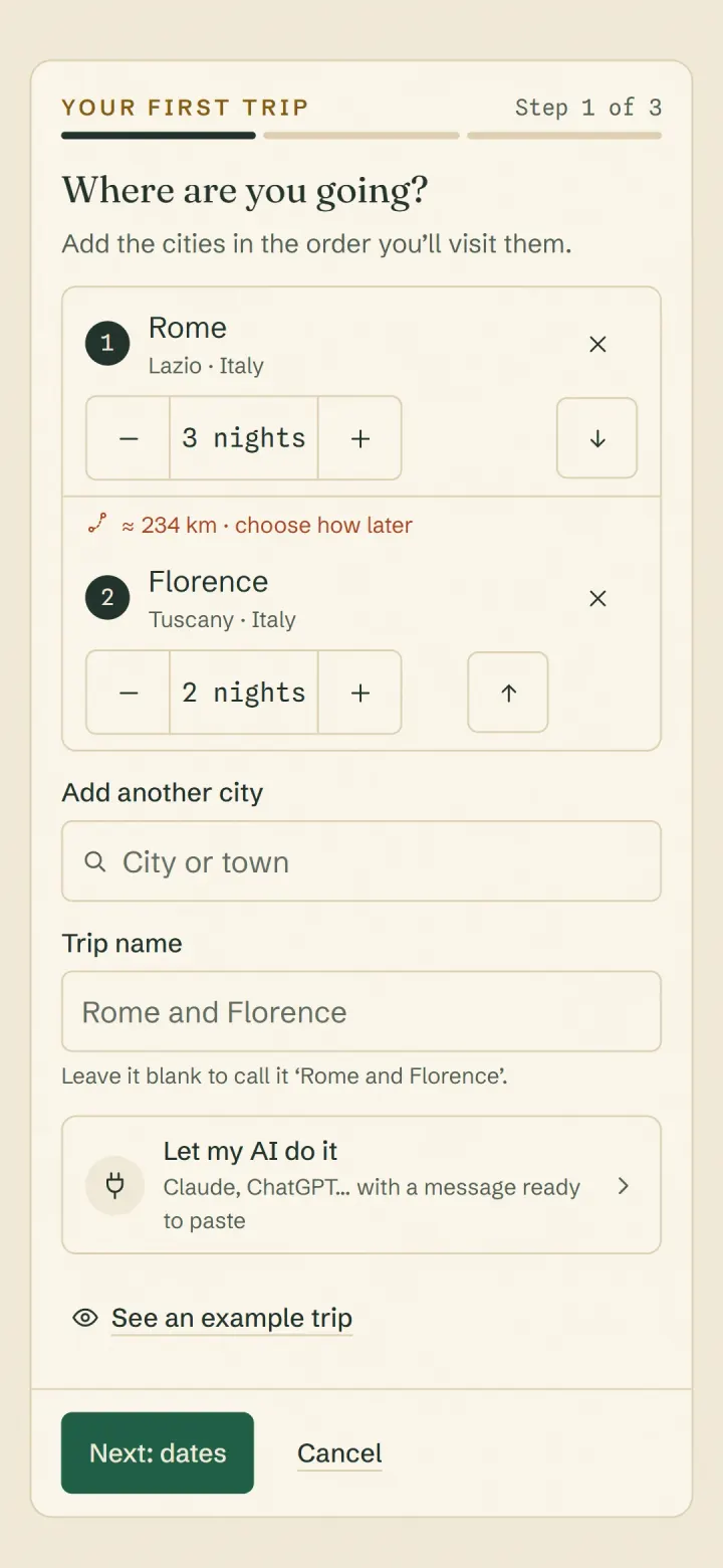 The first step of a new trip on a phone: Rome for three nights and Florence for two, with the distance between them