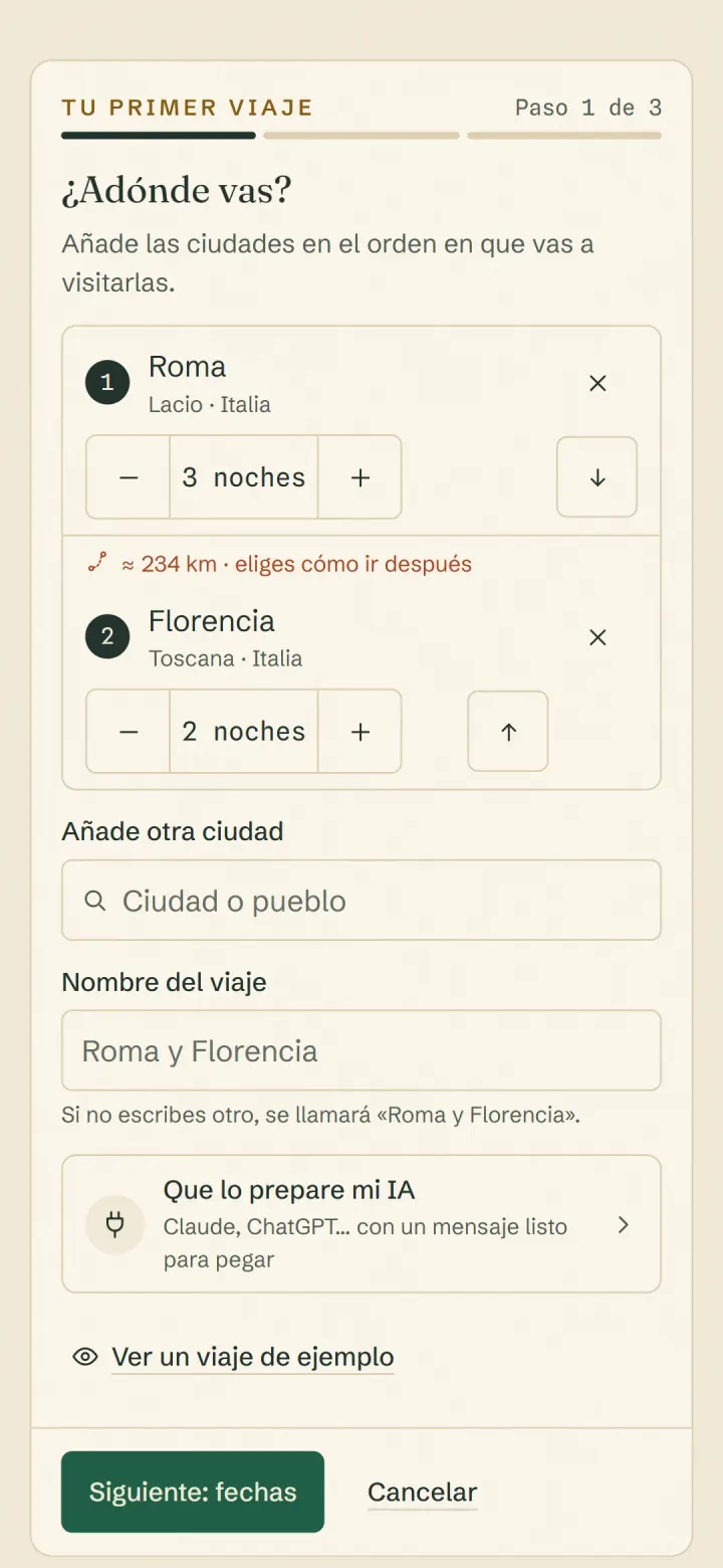 El primer paso de un viaje nuevo en el móvil: Roma tres noches y Florencia dos, con la distancia entre las dos